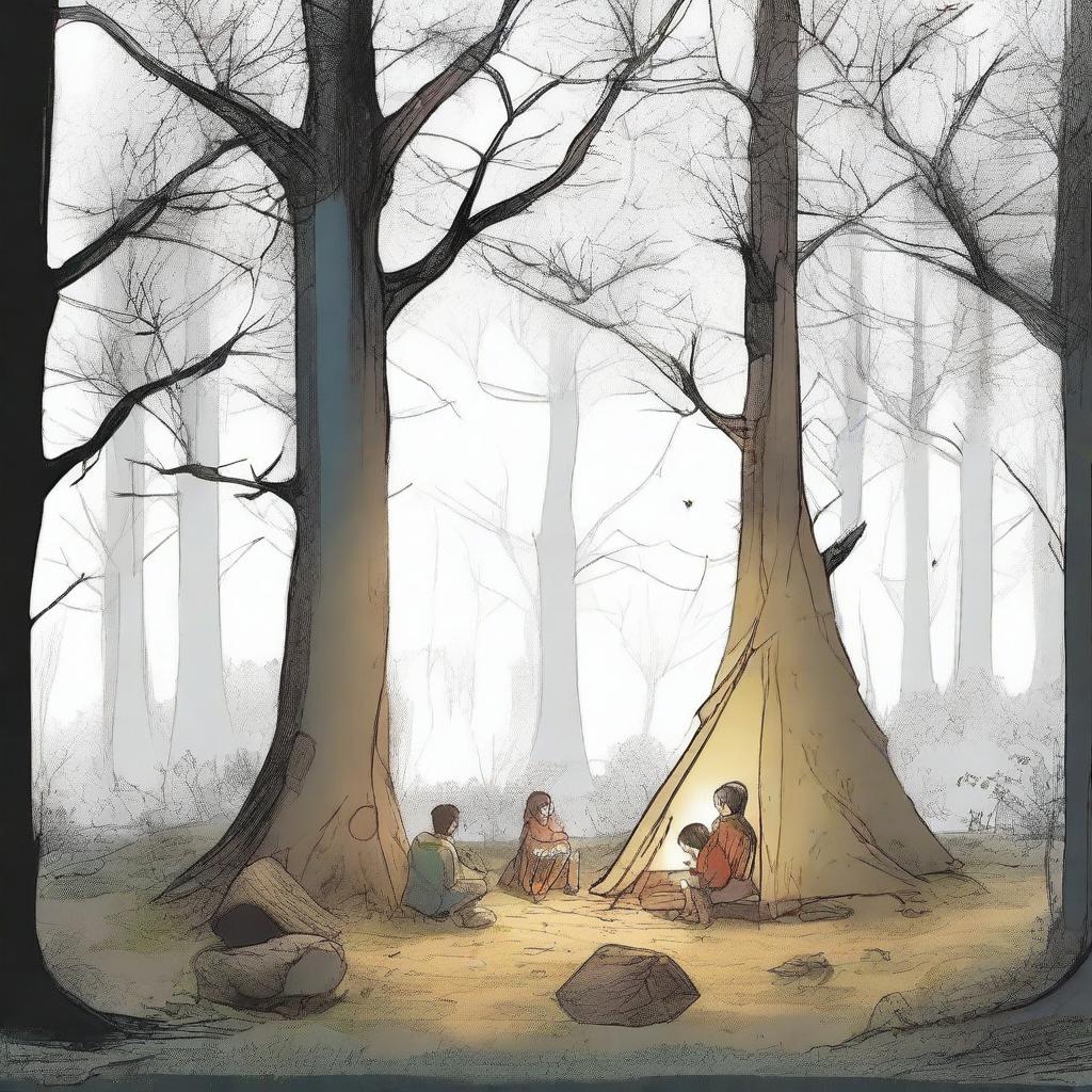 Un dibujo de amigos acampando en penumbras en un bosque encantado