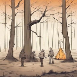 Un dibujo de amigos acampando en penumbras en un bosque encantado