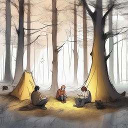 Un dibujo de amigos acampando en penumbras en un bosque encantado