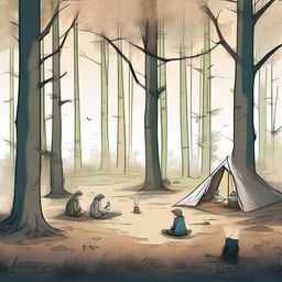 Un dibujo de amigos acampando en penumbras en un bosque encantado