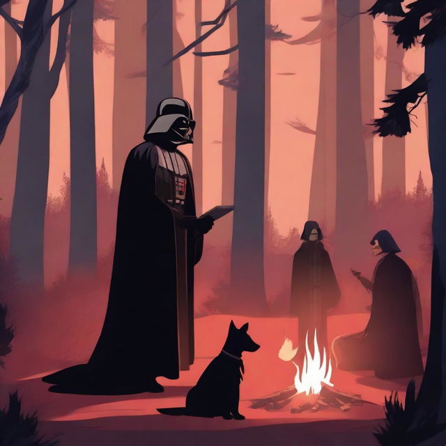 Remus Lupin and Darth Vader camping in a shadowy forest