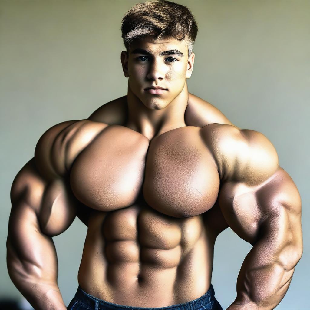 A male teenager with a huge body and very massive chest pecs, flexing his huge biceps