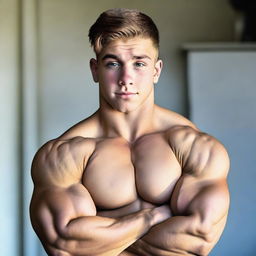 A male teenager with a huge body and very massive chest pecs, flexing his huge biceps