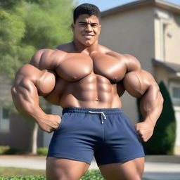 A male teenager with a huge body and very massive chest pecs, flexing his huge biceps