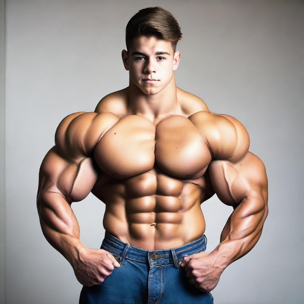 A male teenager with a huge body and very massive chest pecs, flexing his huge biceps