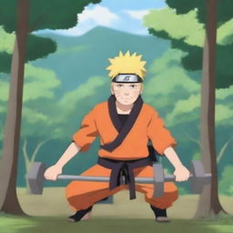 Naruto Uzumaki, the main character from the Naruto series, is lifting weights in a training ground