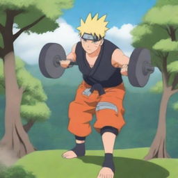 Naruto Uzumaki, the main character from the Naruto series, is lifting weights in a training ground