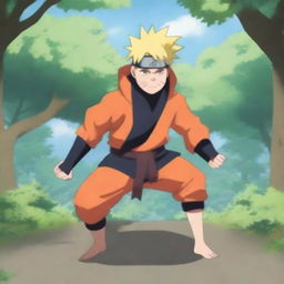 Naruto Uzumaki, the main character from the Naruto series, is lifting weights in a training ground