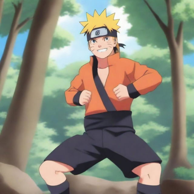 Naruto Uzumaki, the main character from the Naruto series, is lifting weights in a training ground