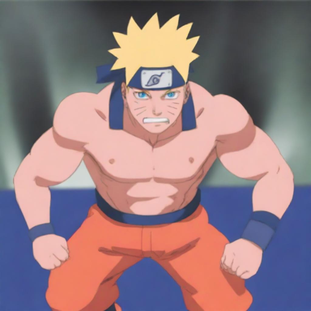 Naruto Uzumaki, the main character from the Naruto series, is depicted lifting weights in a gym setting