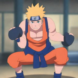 Naruto Uzumaki, the main character from the Naruto series, is depicted lifting weights in a gym setting