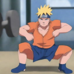 Naruto Uzumaki, the main character from the Naruto series, is depicted lifting weights in a gym setting