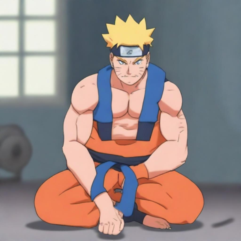 Naruto Uzumaki, the main character from the Naruto series, is depicted lifting weights in a gym setting