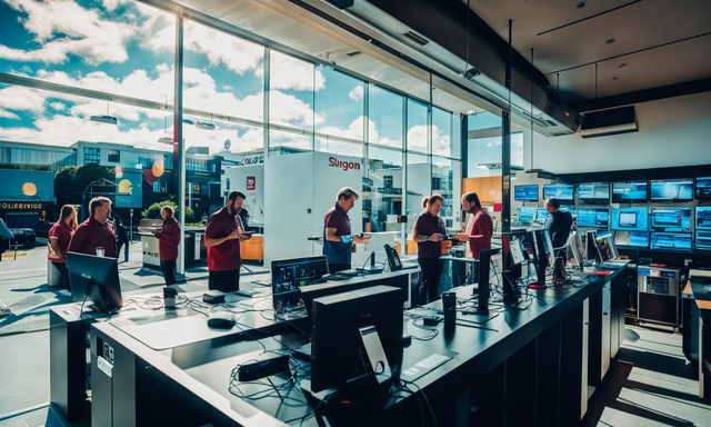 A bustling technology bar in sunny Wellington with staff engaging happily with tech support on various devices. The scene is captured in a 16:9 aspect ratio.