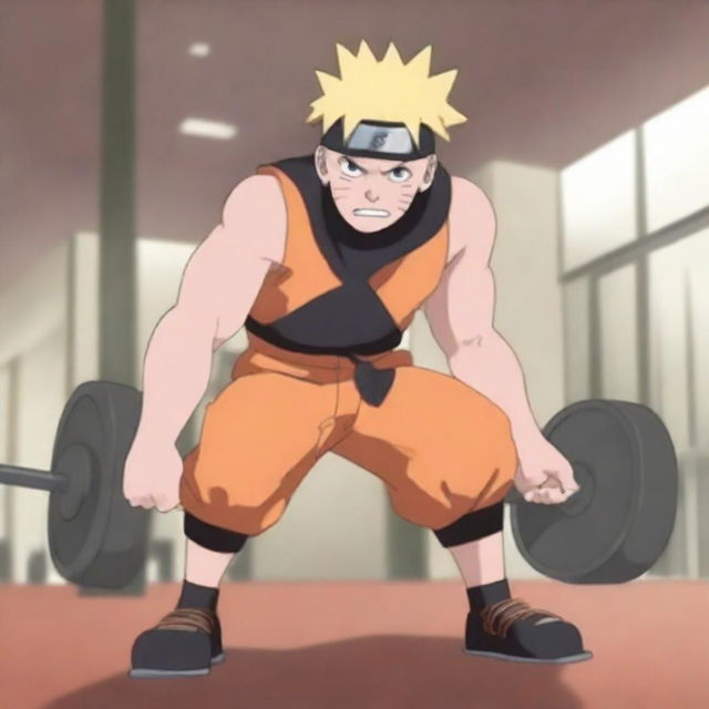 Naruto Uzumaki from the Naruto series lifting weights in a gym setting