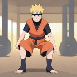 Naruto Uzumaki from the Naruto series lifting weights in a gym setting