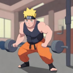 Naruto Uzumaki from the Naruto series lifting weights in a gym setting