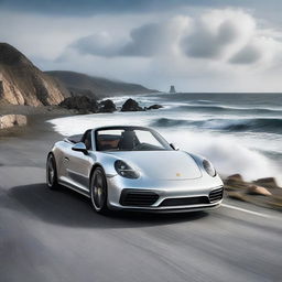 A sleek Porsche sports car driving on an ocean highway