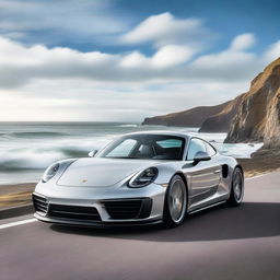 A sleek Porsche sports car driving on an ocean highway