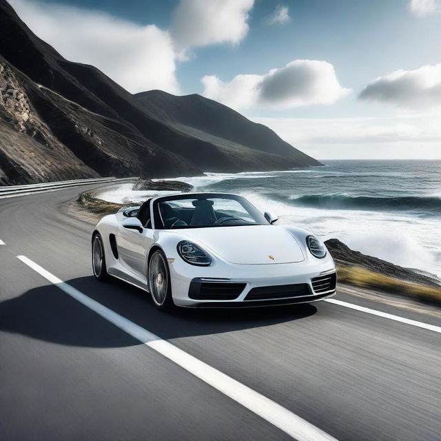 A sleek Porsche sports car driving on an ocean highway