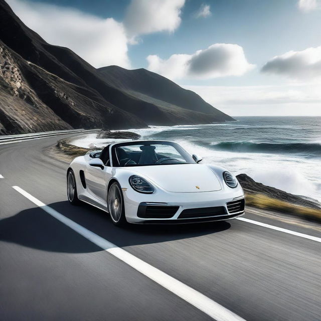 A sleek Porsche sports car driving on an ocean highway