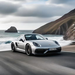 A sleek Porsche sports car driving on an ocean highway