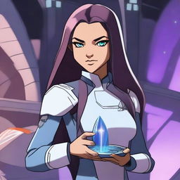 A small-sized female Earth Genasi cleric with long hair and amethyst eyes, wearing a uniform similar to Star Trek, holding a healing kit in hand