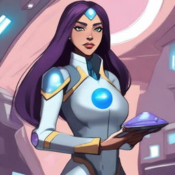 A small-sized female Earth Genasi cleric with long hair and amethyst eyes, wearing a uniform similar to Star Trek, holding a healing kit in hand