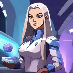 A small-sized female Earth Genasi cleric with long hair and amethyst eyes, wearing a uniform similar to Star Trek, holding a healing kit in hand