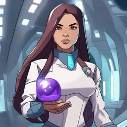 A small-sized female Earth Genasi cleric with long hair and amethyst eyes, wearing a uniform similar to Star Trek, holding a healing kit in hand