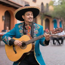 A Latino man, wearing a vibrant traditional mariachi outfit, strumming a guitar in a colorful Mexican plaza