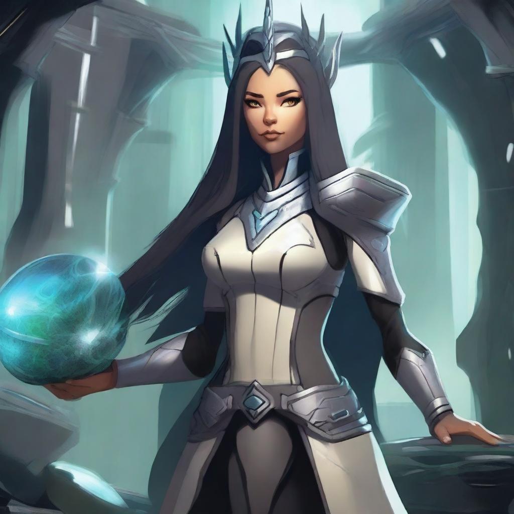 A small-sized female Earth Genasi cleric with long onyx hair and a crown made of tree branches, wearing a uniform similar to Star Trek, holding a healing kit in hand