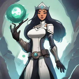 A small-sized female Earth Genasi cleric with long onyx hair and a crown made of tree branches, wearing a uniform similar to Star Trek, holding a healing kit in hand