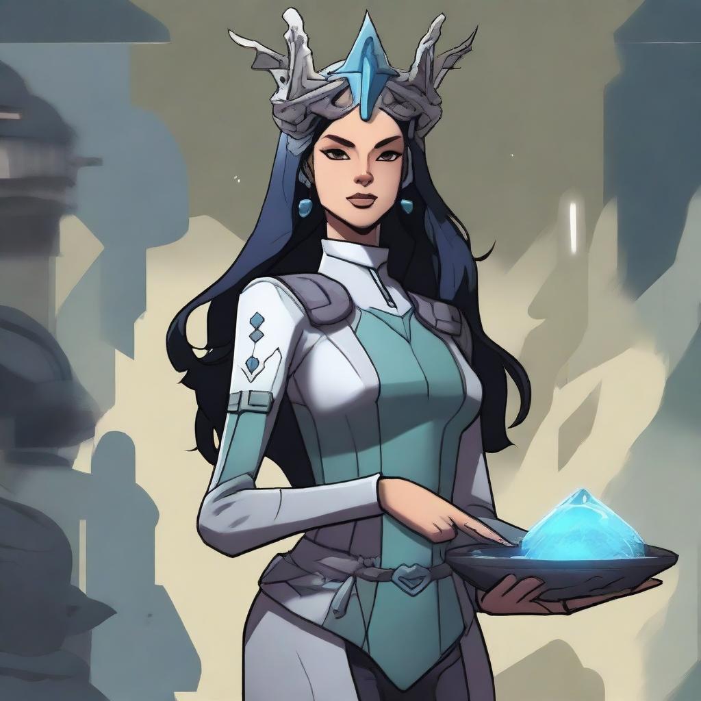 A small-sized female Earth Genasi cleric with long onyx hair and a crown made of tree branches, wearing a uniform similar to Star Trek, holding a healing kit in hand