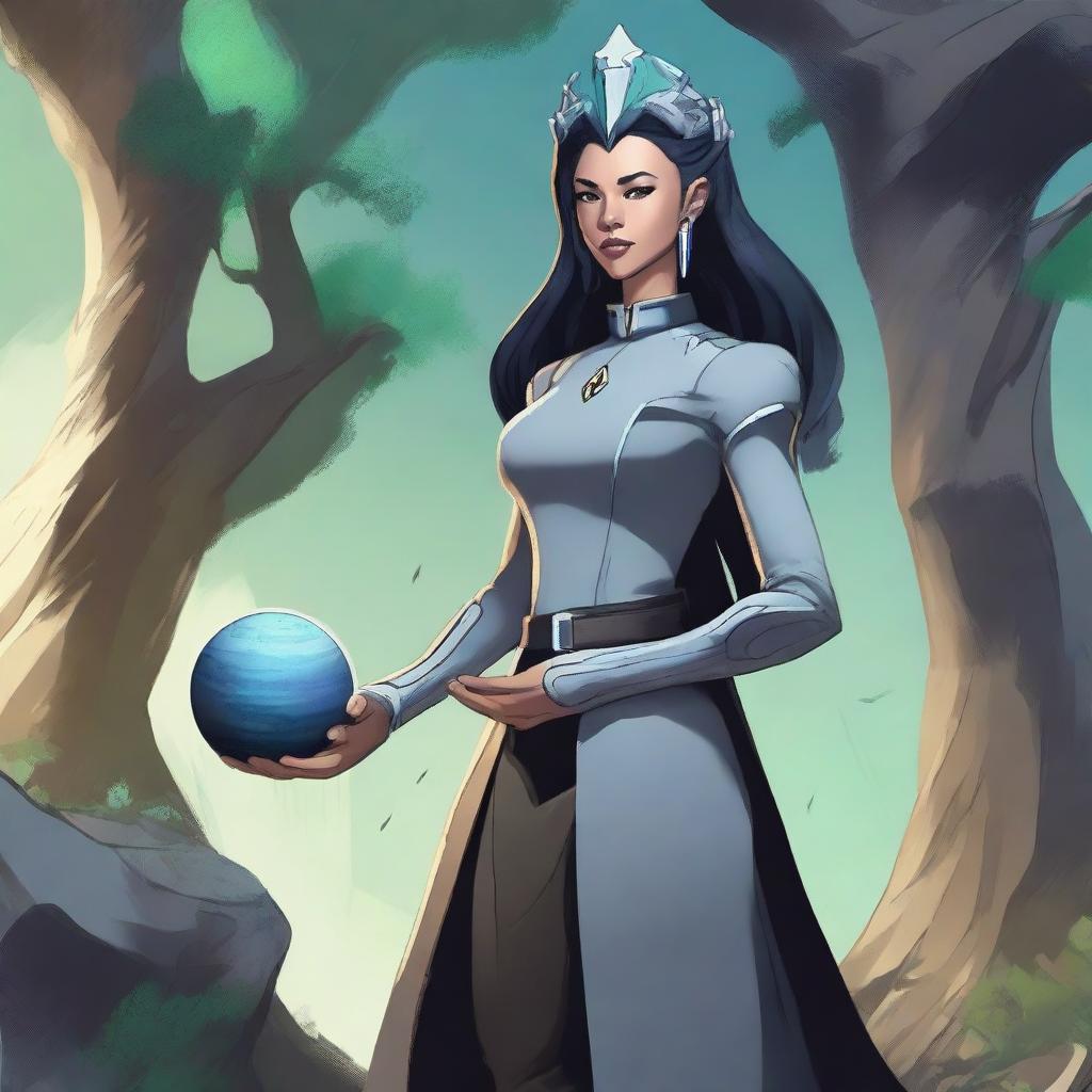 A 3'6" tall, small-sized female Earth Genasi cleric with long onyx hair and a crown made of tree branches, wearing a uniform similar to Star Trek, holding a healing kit in hand