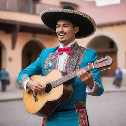 A Latino man, wearing a vibrant traditional mariachi outfit, strumming a guitar in a colorful Mexican plaza