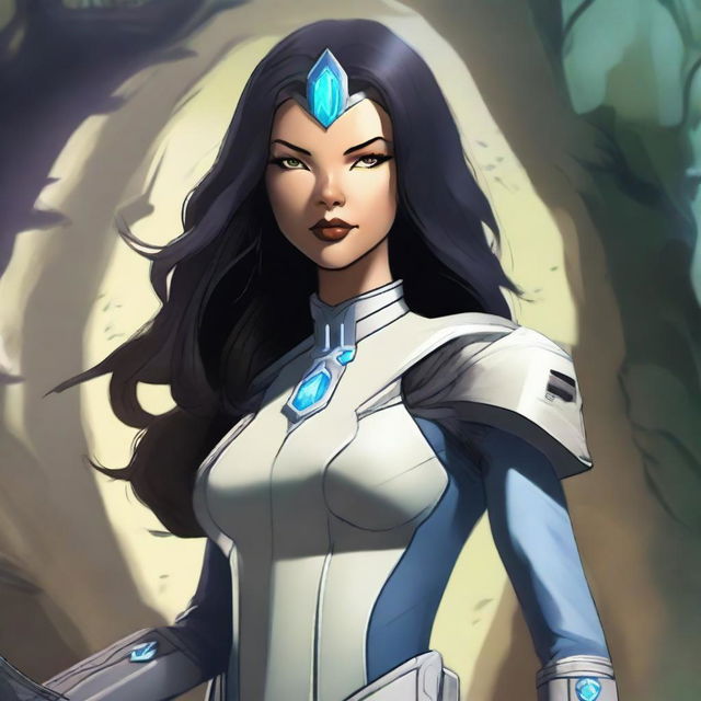 A 3'6" tall, small-sized female Earth Genasi cleric with long onyx hair and a crown made of tree branches, wearing a uniform similar to Star Trek, holding a healing kit in hand