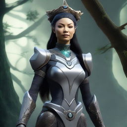 A 3'6" tall, small-sized female Earth Genasi cleric with long onyx hair and a crown made of tree branches, wearing a uniform similar to Star Trek