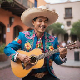 A Latino man, wearing a vibrant traditional mariachi outfit, strumming a guitar in a colorful Mexican plaza