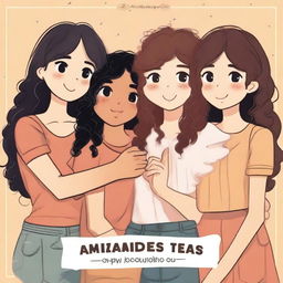 An image of four girls, one with curly hair, two with straight hair, and one with wavy hair, all hugging each other