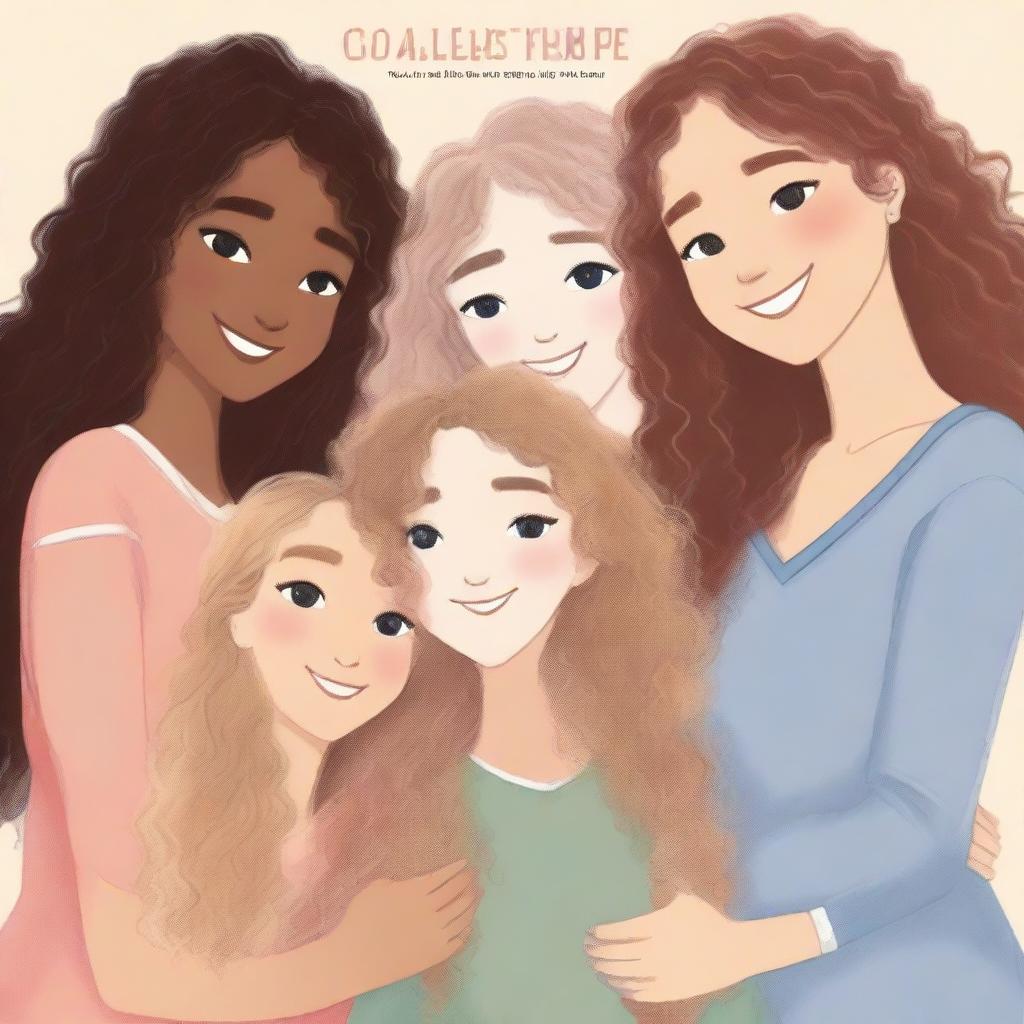 A book cover featuring four girls, one with curly hair, two with straight hair, one with highlights, and one with wavy blonde hair, all hugging each other