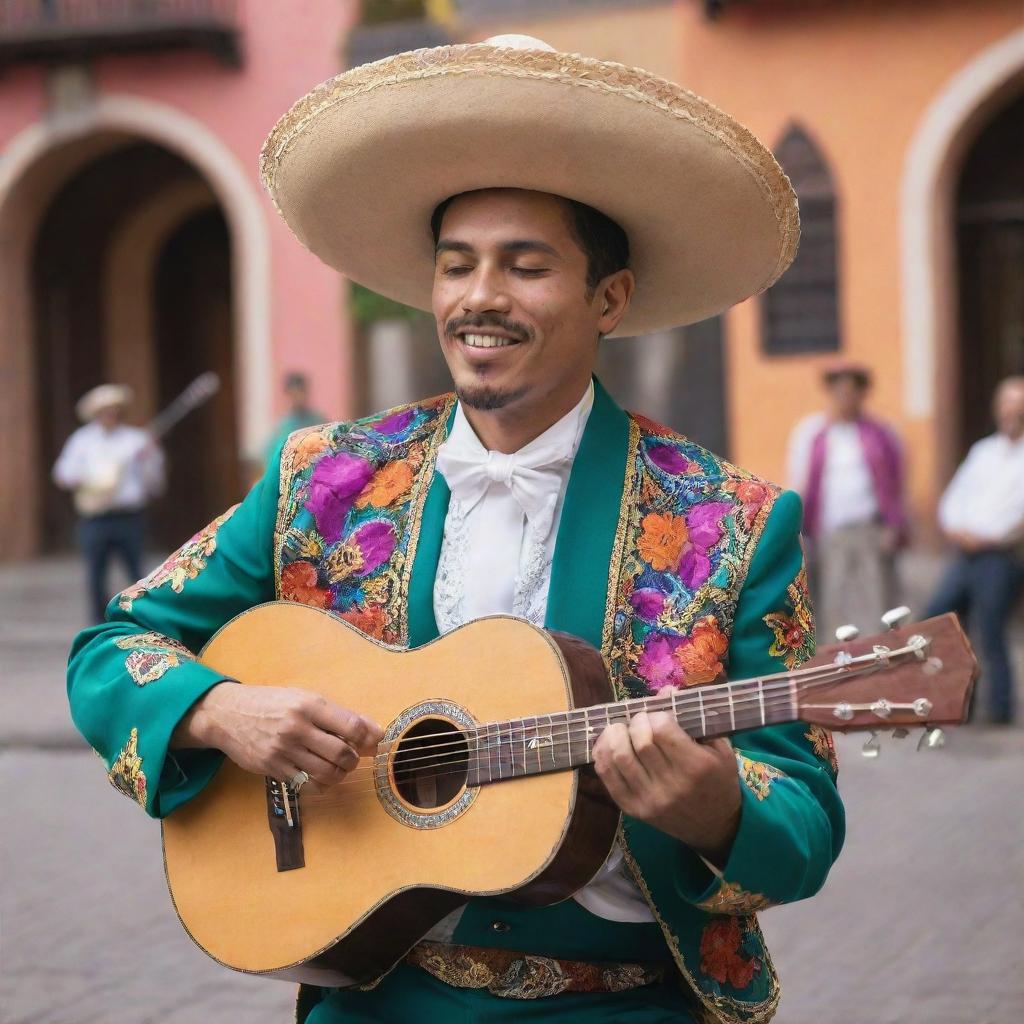 A Latino man, wearing a vibrant traditional mariachi outfit, strumming a guitar in a colorful Mexican plaza