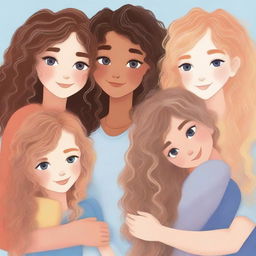 A book cover featuring four girls, one with curly hair, two with straight hair, one with highlights, and one with wavy blonde hair, all hugging each other