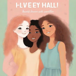 A book cover featuring four girls, one with curly hair, two with straight hair, one with highlights, and one with wavy blonde hair, all hugging each other