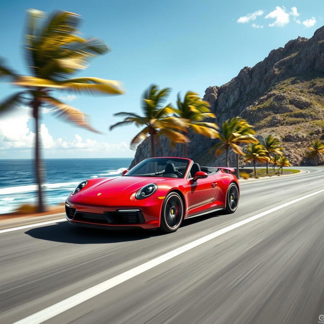 A red Porsche sports car driving on a cliffside ocean highway with a clear blue sky, palm trees, and waves crashing against the cliffs