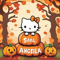 A cute Hello Kitty character emerging from a carved pumpkin, with the name 'Angela' written on the pumpkin