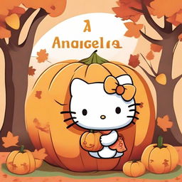 A cute Hello Kitty character emerging from a carved pumpkin, with the name 'Angela' written on the pumpkin