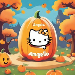 A cute Hello Kitty character emerging from a carved pumpkin, with the name 'Angela' written on the pumpkin