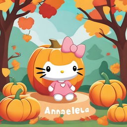 A cute Hello Kitty character emerging from a carved pumpkin, with the name 'Angela' written on the pumpkin