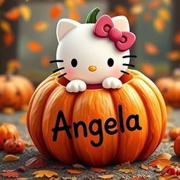 A cute Hello Kitty character emerging from a carved pumpkin, with the name 'Angela' written on the pumpkin